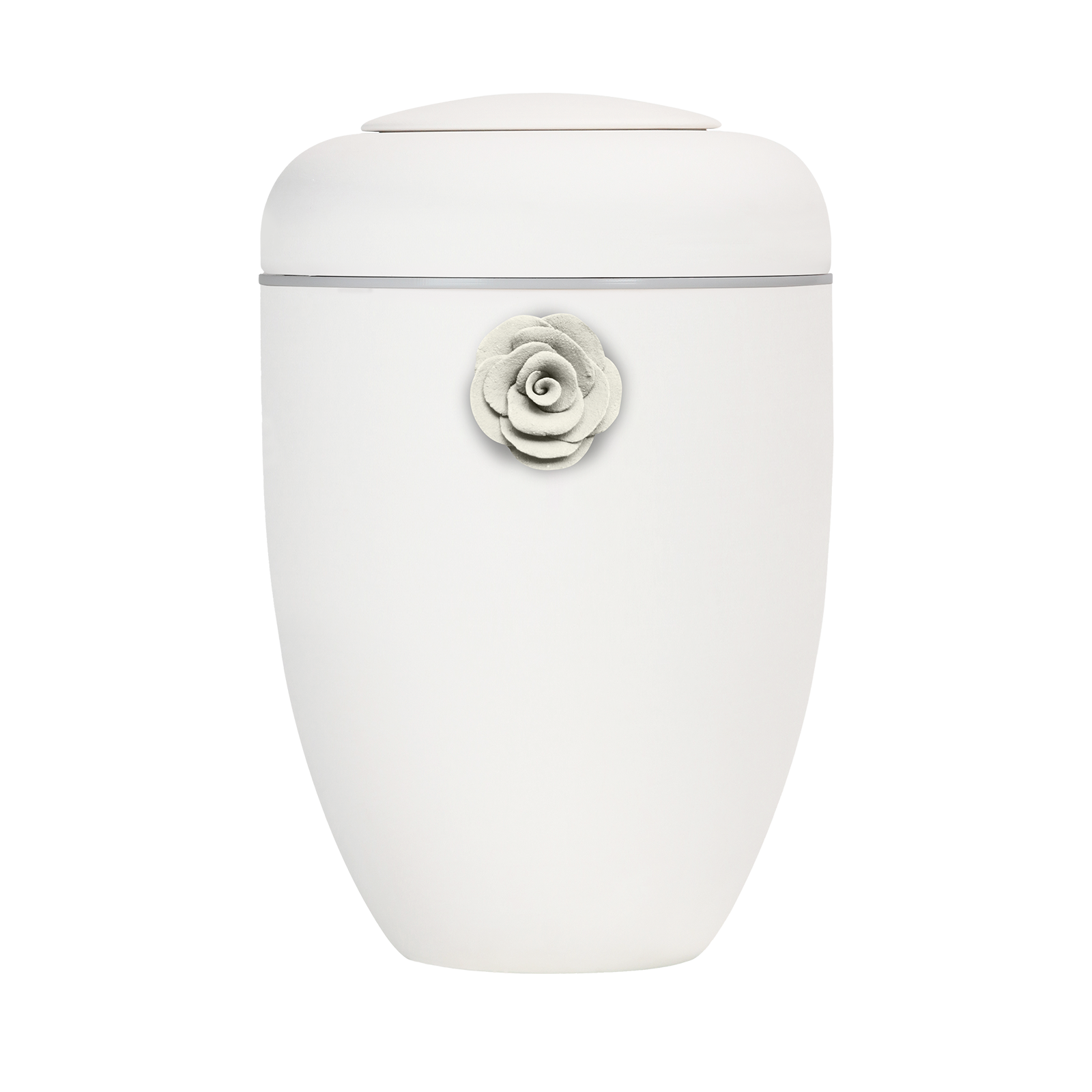 Cremeweiße Symbol-Urne mit weißer Tonrose und weißer Plexiglasscheibe